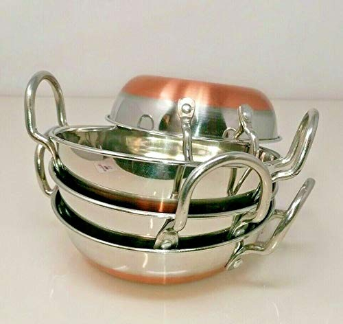 Vintage Gourmet ® Authentic Copper Base Stainless Steel Balti Karahi Indian Curry Serving Dishes 15cm Diameter with Riveted Handles, Curry Night (4)