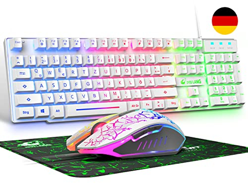 Kabelgebundene weiße Gaming-Tastatur mit Maus Deutsches Layout QWERTZ Kabelgebundene Tastatur LED-RGB-Hintergrundbeleuchtung 2400 DPI 6-Tasten-Maus Tastatur und Maus kompatibel mit PC PS5 PS4 Xbox