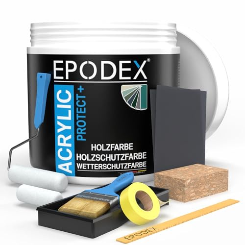 EPODEX ACRYLIC PROTECT+ mit Zubehör, Wetterschutzfarbe, Flexible Holzfarbe Innen & Außen, Zaunfarbe, Gartenhausfarbe & mehr, Wetterfest, 1kg (8m² bei einmaligem Anstrich) - Polarweiss