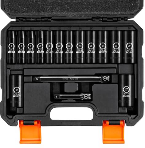BOEN 3/8 Drive Deep Impact Socket Set, 16 Piece Metric Socket Set 7 to 22mm, Includes 3, 6 Extension Bars, 6 Point Design, Cr-V Steel, Heavy Duty Storage Case
