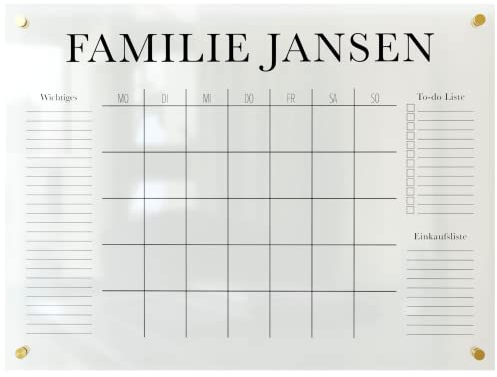 Wunsch Kalender - personalisierter Wandkalender - Monatsplaner - wiederverwendbarer Kalender aus Acrylglas - Familienplaner abwischbar für die ganze Familie