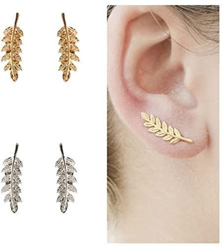 Allereya Bohemia Blatt Ohr Kletterer Ohrringe Gold Crawler Ohrringe Blatt Ohrstecker Wrap Pins Ohrringe Minimalistisch Alltag Ohrringe Schmuck für Frauen und Mädchen (Gold)