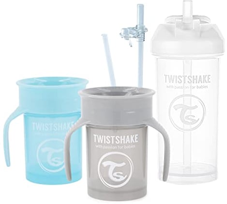 Twistshake Ensemble de Gobelets pour Bébé – 3 Pièces | 2 x 360 Tasses - 1 x Tasse en Paille | Comprend 2 Pailles Supplémentaires et un Joint Etanche | Tasse Sippy D’entraînement | Gris Bleu
