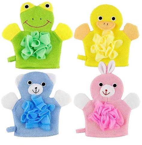 AOOPOO 4pcs Marionetten niedliche Hand Badehandschuhe Cartoon Waschhandschuh Duschschwamm Handbad Waschhandschuh für Baby Kinder Kaninchen Frosch Ente Bär