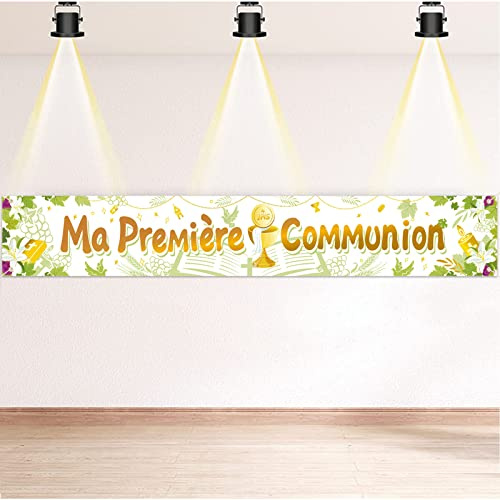 DPKOW Ma Première Communion Bannière pour Enfants Fille Garçon Sainte Communion Décoration, Bannière en Tissu pour Première Communion Décoration Intérieur Extérieur Communion, 260 * 40cm