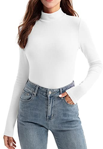 Zengjo Ladies Thermal Tops Long Sleeve Polo Neck(White,XL)