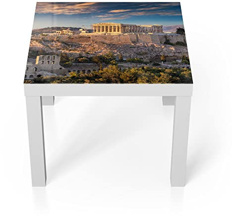 DEQORI Glastisch | weiß klein 55x55 cm | Motiv Blick auf die Akropolis | ausgefallener Beistelltisch aus Glas | Hochglanz Couchtisch fürs Wohnzimmer | moderner Couch Tisch mit Design
