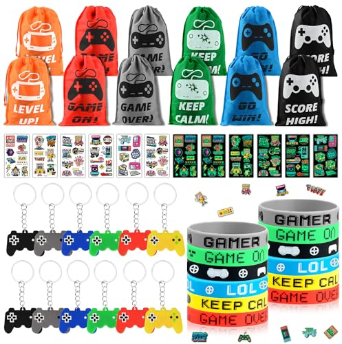 Videospiel Party Mitgebsel, 48 Stück Mitgebsel Kindergeburtstag mit VIP Silikon Armbänder, Schlüsselbund, Beutel mit Kordelzug und Temporäre Tattoos, Spiel Partyzubehör Gastgeschenke für Junge Gamer