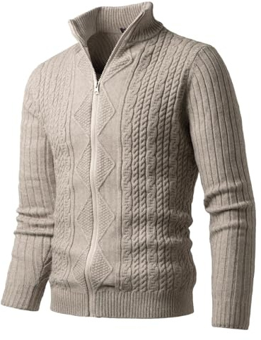 Harbrosrce Men's Cable Knit Cardigan Stand Collar Sweaters Slim Fit Full Zip Jumper Casual Knitwear