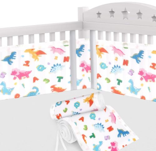 Aolso Bettumrandung Babybett, 2 Stück Nestchen für Kinderbetten Kantenschutz Baby Babybett, Atmungsaktive Polsterung, Rausfallschutz für Babybett,Abnehmbar -340cmx30cm + 160cmx30cm(Dinosaurier)