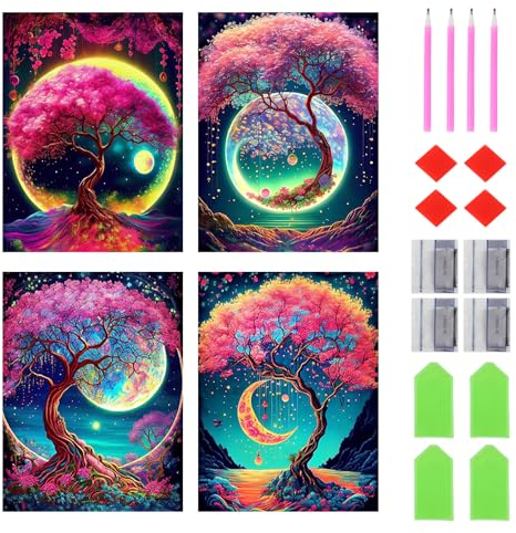 Orisnisl 4 Stück Zauberbaum Diamond Painting Set, DIY 5D Diamant Painting Bilder Erwachsene & Kinder, Full Drill Mond Diamant Landschaftr für Home Dekor 30x40cm