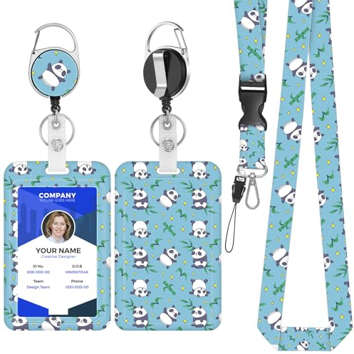 Amabro Cordon en forme de panda mignon avec porte-badge d'identité, enrouleurs de badge rétractables, cordon tour de cou réglable, porte-clés avec clip détachable, protecteur pour carte de nom,