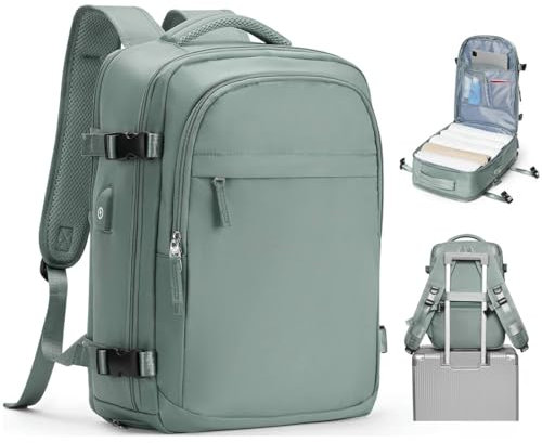 livbote Handgepäck Rucksack 40x30x20 Wizzair Vueling Reiserucksack Damen Herren Rucksack Wasserdicht mit Schuhfach Laptop Rucksack mit USB-Ladeanschluss Grün