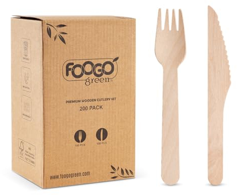 FOOGO Green 200pcs Disposable Wooden Forks and Knives Set, FSC® Certified, 100x Forks, 100x Knives, 16cm Wooden, Biodegradable, Eco Friendly, Bamboo Cutlery Set, Party