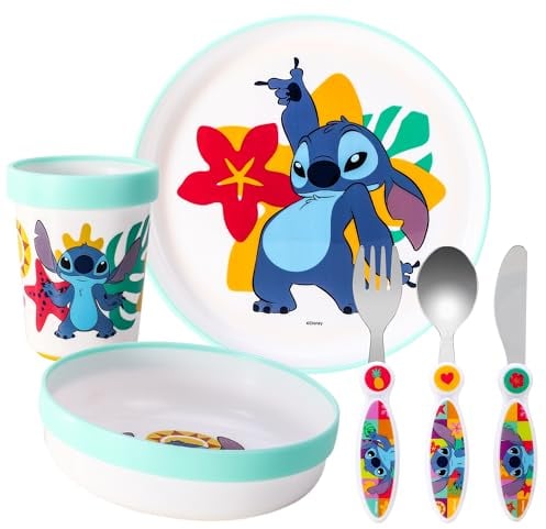 Zawadi Global Stitch Kids - Juego de vajilla de 6 piezas, plato/cuenco/taza/cuchillo/tenedor/cuchara, vajilla para niños, 0000620