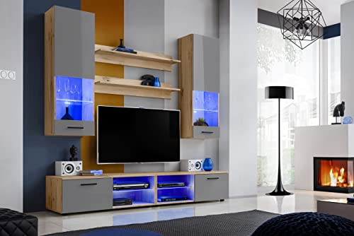 Komodee, Wohnwand Wohnzimmerset RTV Varallo, Grau Hochglanz/Wotan Matt, Breite 200cm x Höhe 195cm x Tiefe 45cm, LED RGB, für Wohnzimmer, Schlafzimmer