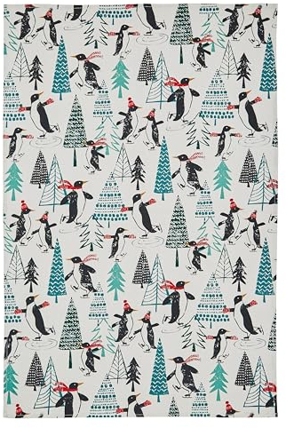 Ulster Weavers 100% Cotton Christmas Tea Towel, Red/Multicoloured, Penguins on Ice