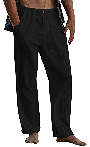 DUOLUVA Schwarze Leinenhose Herren Baumwoll Leinenhose Leichte fit Sommerhosen Herren Lang Schwarz L