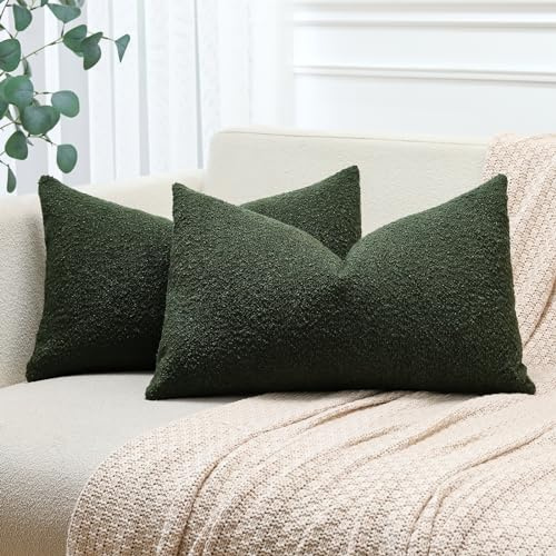 JOTOM 2er Set Boucle Kissenbezüge, Dekorative Weich Einfarbig Wurf Kissenbezug Moderne Kissenhüllen Sofakissen Dekokissen Zierkissenbezug für Wohnzimmer Schlafzimmer Deko (30x50cm, Dunkelgrün)