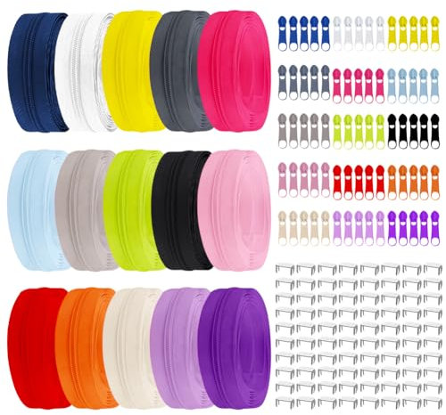 Umllpet 10 Farben Nylon Reißverschluss Endlos, 27,5m Reißverschlüsse Set mit Schieber und Zipper, Teilbarer Endlos Reißverschluss für Bettwäsche Kissen Kleidung Tasche