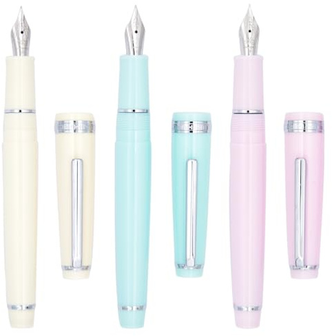 Ranvi 3 PCS Jinhao 82 Acrylic Fountain Pen,Iridium Fine Nib with Ink Converter, White,Blue and Pink Classic Design Smooth Writing Pen (Silvery Trim)