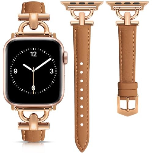 mxiixnai Leather Strap Compatible with Apple Watch Straps 41mm 40mm 42mm 38mm Women, Slim Thin Leather Replacement Strap for iWatch Bands Series 10 9 8 7 6 5 4 3 2 1 SE,Brown/Rose Gold