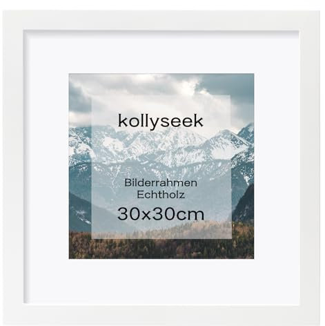 kollyseek Bilderrahmen 30x30cm Weiß Echtholz mit Passepartout Pine Holz Rahmen mit Bruchsicherem Acrylglas Kieferholz Fotorahmen Weiß bilderrahmen picture frame