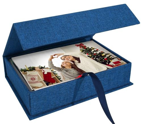 Hiwhy Foto Aufbewahrungsbox 13x18 cm, Leinen-Fotobox, Erinnerungsbox zur Aufbewahrung von Fotos, Bildern, Urkunden, Scrapbooking-Zubehör, Andenken und Schmuck Blau