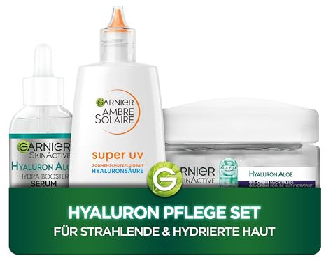 Garnier Hyaluron Pflege-Set: Sonnenschutz-Fluid LSF 50+ (40ml), Feuchtigkeitsserum (30ml) & feuchtigkeitsspendende Hydra Nachtpflege (50ml) - Für strahlende & hydrierte Haut