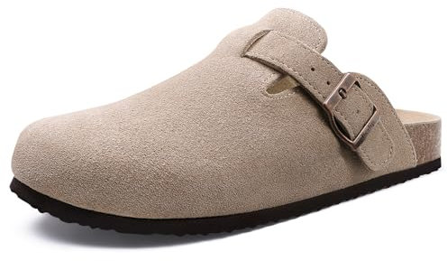 Beslip Women's Suede Clogs Soft Cork Footbed Leather Mules Comfort Potato Shoes with Arch Support, Taupe Women Size 3.5-4
