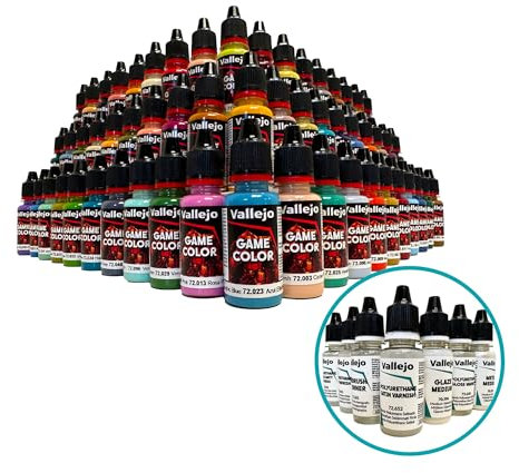 Silu- Vallejo Game Color Gama Completa con 80 Colores + 7 Productos Auxiliares Mediums, Barnices y Diluyentes, para Pintar Miniaturas, Figuras, W40K, Maquetas