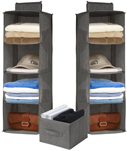 FALSKT 2PCS Hanging Wardrobe Storage Organiser with Removable Drawer Hanging Closet Shelves Storage and 4 Shelves Foldable Hanging Storage Organizers for Closet Living Room Bedroom (Grey)