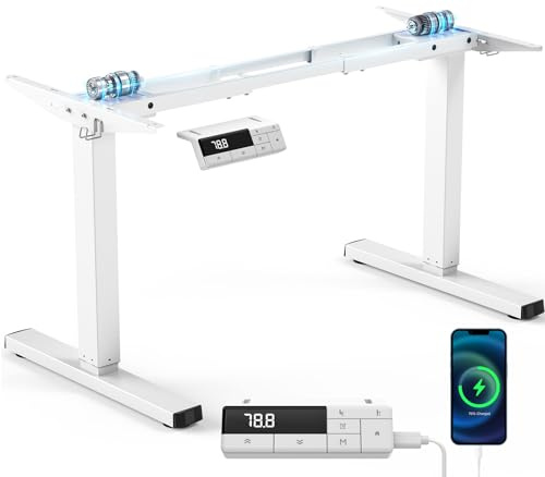 VOSATRON höhenverstellbarer Schreibtisch Gestell mit 2 starken Motoren, 3 Memory-Steuerung & Sitz-Steh-Erinnerungs, Kollisionschutz Funktion, Super Belastung 150KG, USB-C-Anschluss, 2 Haken, Weiß