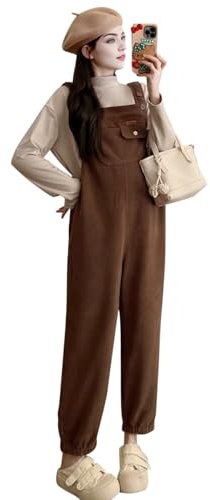 Runstarshow Maternity Dungarees for Pregnancy Corduroy Jumpsuit Ladies Fleece Lined Overalls Pregnant Women Casual Cord Bib Pants Adjustable Wide Leg Trousers with Pockets M-XXL