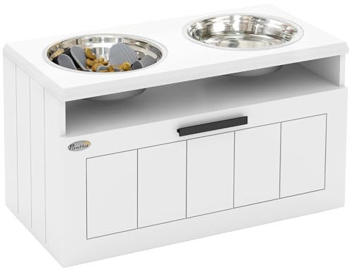 PawHut Raised Dog Bowl, Elevated Pet Bowls with Slow Feeder, Two Stainless Steel Bowls, Drawer, for Large & Extra Large Dogs, White