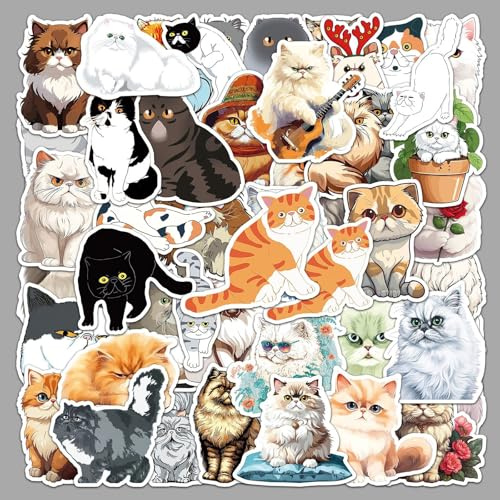 50 Stück Persische Katzen-Aufkleber, lustige Cartoon-Tier-Aufkleber, wasserdichte Vinyl-Aufkleber für Haustiere Kawaii