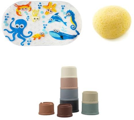 THERMOBABY - Pack Complet Accessoires Bain Bébé -Tapis Antidérapant Marin - Éponge Synthétique Ultra-Douce - Jouets Empilables Éducatifs - Accessoires De Soins – Idéal pour L'Amusement Au Bain