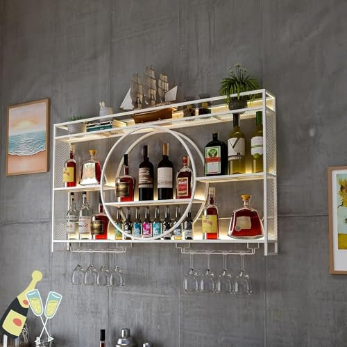 THGYJP Portabottiglie in Metallo da Parete con portabicchieri da Vino, portabottiglie da Parete Grande con Barra Luminosa a LED, espositore per Bottiglie, portabicchieri da Vino appesi PE