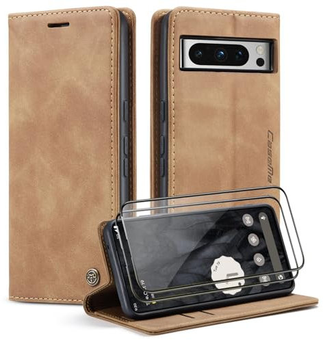 Caseme Cover per Google Pixel 8 Pro con [2 Pezzi Vetro Temperato],Flip Custodia Pelle PU Libro Portafoglio con [Slot Cart] [Supporto Stand] [Magnetica], Marrone