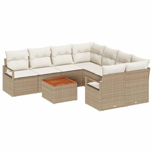 vidaXL 9-teiliges Gartensofa-Set mit Kissen in Beige aus Poly Rattan und Akazienholz - Langlebig und perfekt für 4 Personen zum Entspannen auf dem Balkon oder der Terrasse.