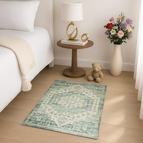 MOONLIGHT20015 Washable Small Bedside Rug 40x60cm - Soft Short Pile Abstract Area Rugs For Bedroom Entrway Non Slip Floor Carpet Traditional Vintage Cashmere Door Mat For Kitchen Bathroom, Ember