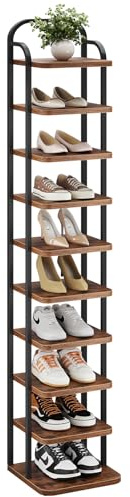 Dripex Adjustable Narrow Shoe Rack Organizer, Space Saving Vertical Tall Shoe Shelf for 10 Tier, Sturdy Multifunctional Entryway Hallway Living Room Storage Shelf Rustic Brown