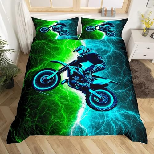 SJSXWQN Bettwäsche 220x240 Blaues Motorrad Bettwäsche-Set mit Reißverschluss Schließung für Erwachsene Kinder Weicher Atmungsaktive Mikrofaser Bettbezug + 2 Kopfkissenbezug 80x80 cm