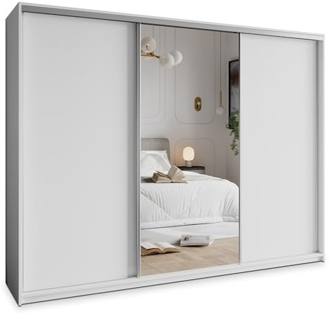 Masseno Schwebetürenschrank TAVI 250/205/60 cm Kleiderschrank mit 4 Schubladen Schlafzimmer Schiebetürenschrank 3-türig mit Spiegel Weiß
