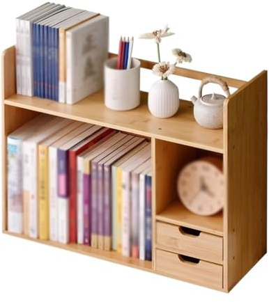MENGLI-2024 Bücherregal Offenes Schreibtisch-Bücherregal mit doppelter Schublade, Aufbewahrungsregale aus Bambus, for Zuhause, Büro, Arbeitszimmer, Organizer, Ausstellungsregal(L48xW19xH46 cm)