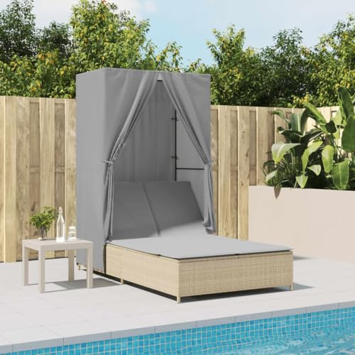 Nqyjm Sonnenliege mit Rückenlehne, verstellbar in 4 Positionen, doppelter Liegestuhl mit Dach und Vorhängen, Beige, Polyrattan, Strandliege, für Garten, Terrasse, Modell 2