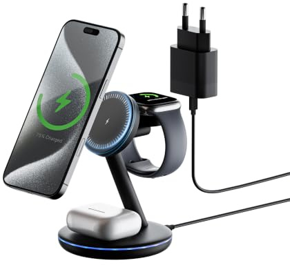 TESSAN 3 in 1 Kabellose Ladestation für Apple mit 20W Adapter und Kabel | Induktive ladestation, magsafe ladegerät für iPhone 12-17 Serie, Kompatibel mit Air Pods 3 2 Pro, mit Apple Watch