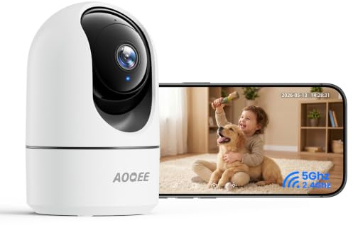 AOQEE 2K Indoor Camera, 5G Pet Cameras House Security, 360° Dog Camera, G5 | 2.4G & 5Ghz WiFi, IR Night Vision, Human Detection & Tracking, TF Card & Cloud Storage, 24/7 Recording, Real-Time Alerts