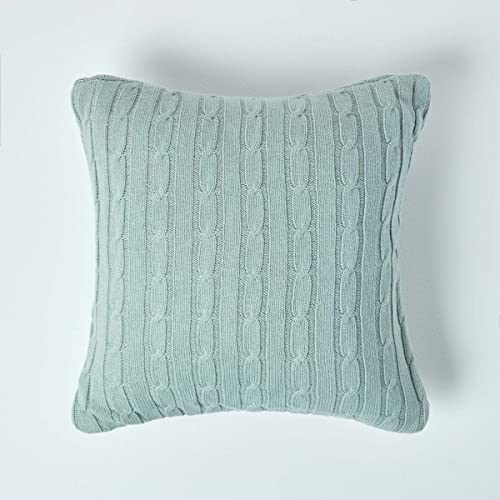 Homescapes Blaue Kissenhülle für Zierkissen/Sofakissen mit Strick-Zopfmuster, quadratischer Zierkissenbezug 45 x 45 cm aus 100% Baumwolle, plassblau