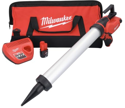 Milwaukee M12 PCG/600A-201B M12 Caulking Gun 600ml Aluminium Tube (1 x 2ah Li-ion Battery, Charger, Bag)